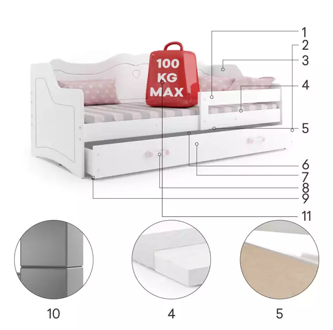 Julia single children's bed 80x160 with mattress and drawer, white - Image 4