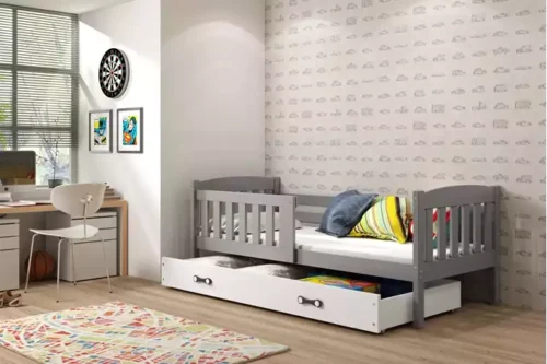 KUBUŚ single children’s bed 80×160 with mattress and drawer, graphite/white