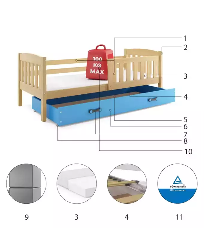 KUBUŚ single children's bed 80x160 with mattress and drawer, pine/blue - Image 6
