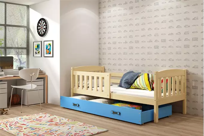 KUBUŚ single children's bed 80x160 with mattress and drawer, pine/blue - Image 4