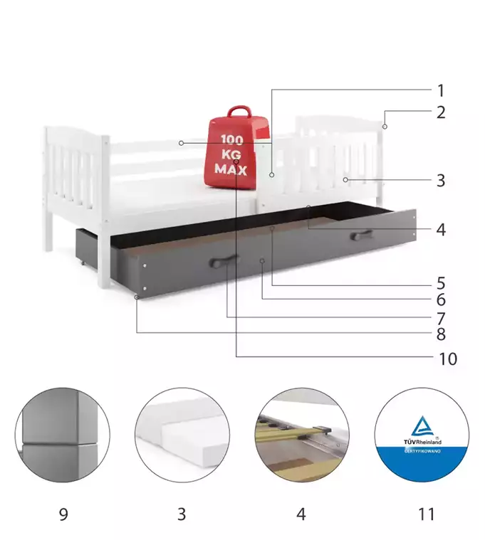 KUBUŚ single children's bed 80x160 with drawer, white/graphite - Image 6