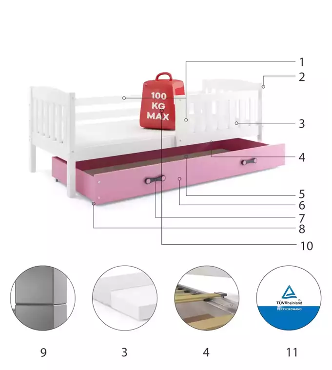 KUBUŚ single children's bed 80x160 with drawer, white/pink - Image 6