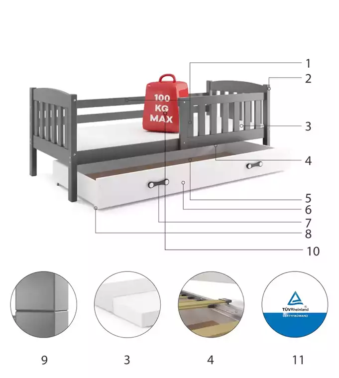 KUBUŚ single children's bed 80x160 with drawer, graphite/white - Image 6
