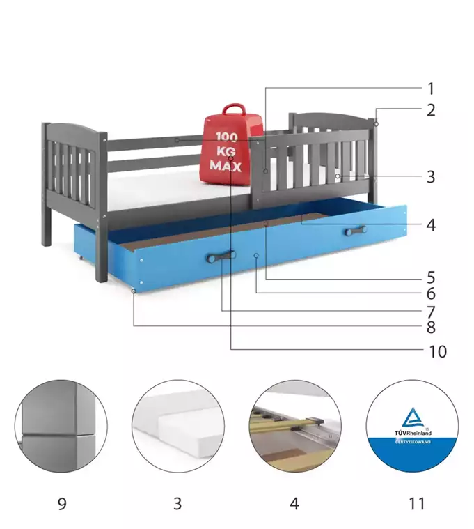 KUBUŚ single children's bed 80x160 with drawer, graphite/blue - Image 6