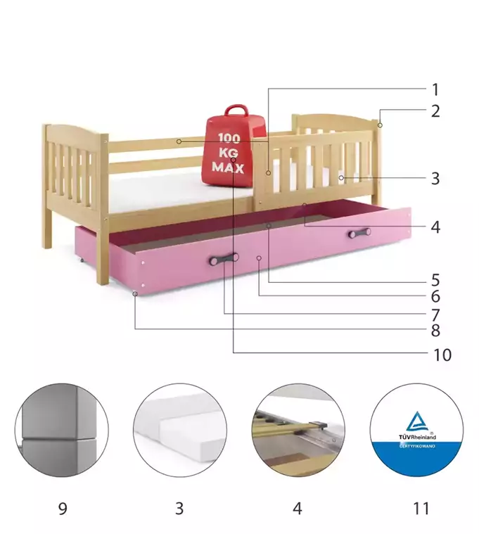 KUBUŚ single children's bed 80x160 with drawer, pine/pink - Image 6