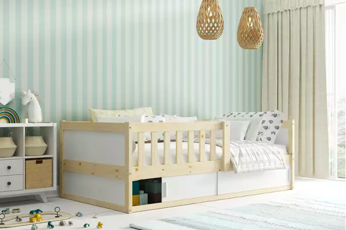 SMART 2 single children's bed 80x160 with mattress and storage box, natural wood