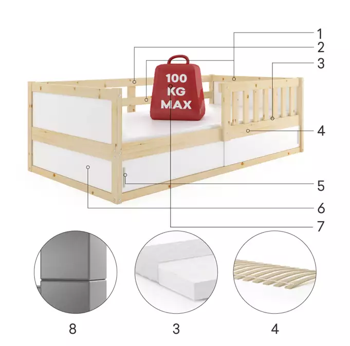 SMART 2 single children's bed 80x160 with storage box, natural wood - Image 3