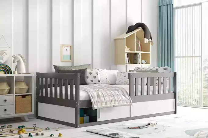 SMART single children's bed 80x160 with mattress and storage box, graphite color - Image 2