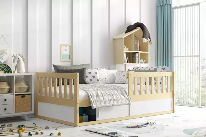 SMART single children's bed 80x160 with mattress and storage box, pine - Image 2