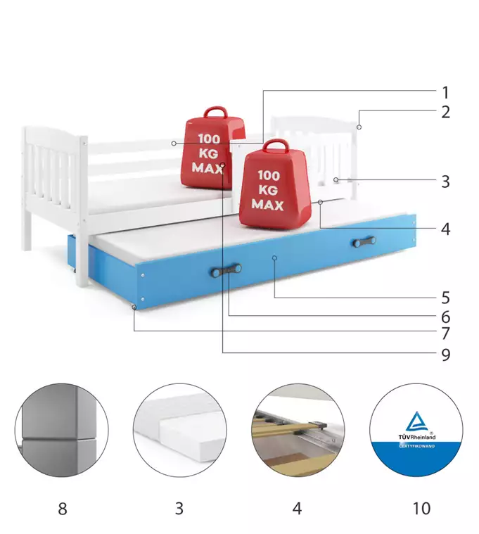 KUBUŚ fold-out bed for children 80x160 with mattress and drawer, white/blue - Image 4