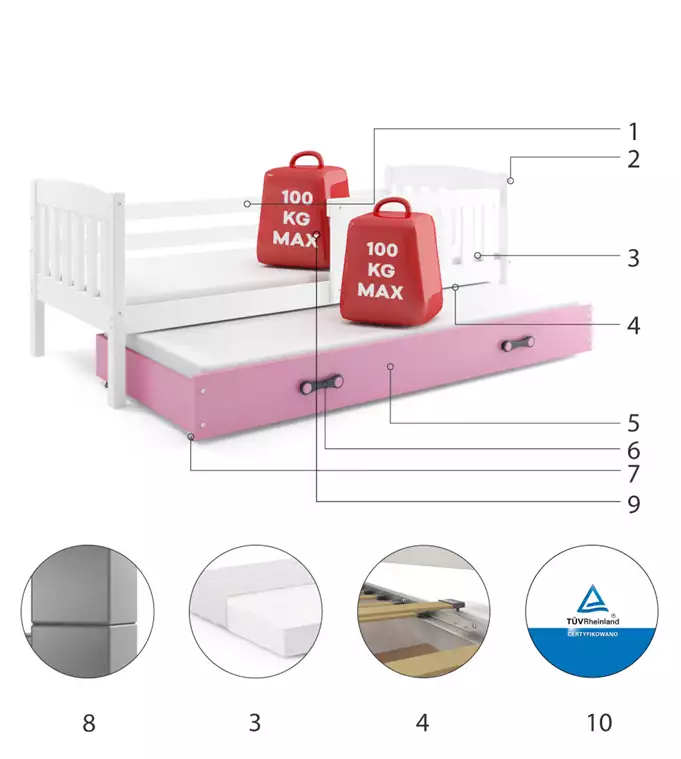 KUBUŚ fold-out bed for children 80x160 with mattress and drawer, white/pink - Image 4