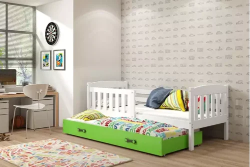 KUBUŚ children’s pull-out bed 80×160 with mattress and drawer, white/green
