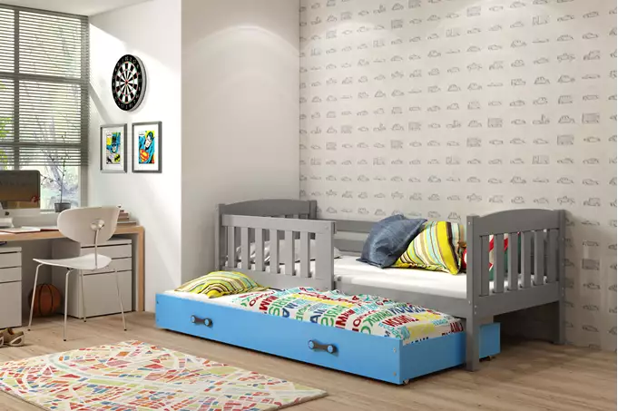 KUBUŚ children's pull-out bed 80x160 with mattress and drawer, graphite/blue