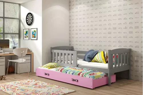 KUBUŚ fold-out bed for children 80×160 with mattress and drawer, graphite/pink