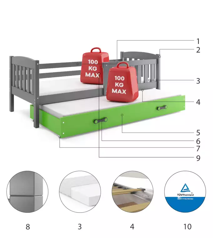 KUBUŚ children's pull-out bed 80x160 with mattress and drawer, graphite/green - Image 4