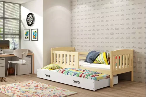 KUBUŚ children’s pull-out bed 80×160 with mattress and drawer, pine/white