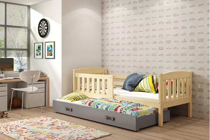 KUBUŚ children's pull-out bed 80x160 with mattress and drawer, pine/graphite