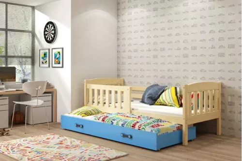 KUBUŚ fold-out bed for children 80×160 with mattress and drawer, pine/blue