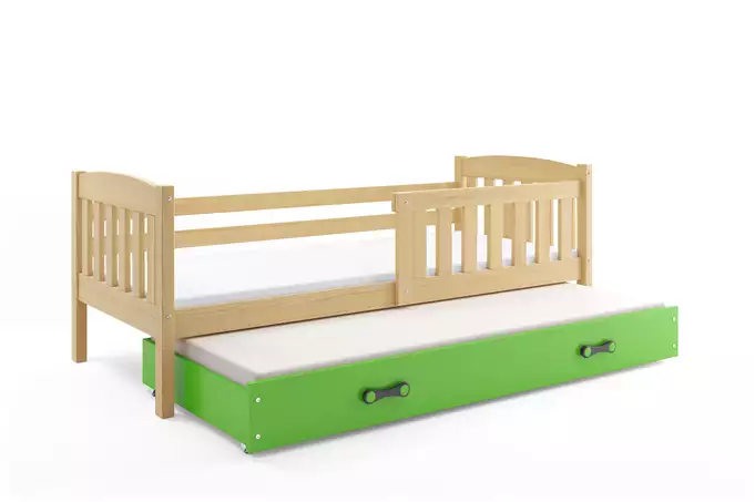 KUBUŚ children's pull-out bed 80x160 with mattress and drawer, pine/green - Image 2