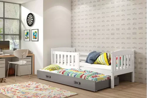 KUBUŚ children’s pull-out bed 80×160 with drawer, white/graphite