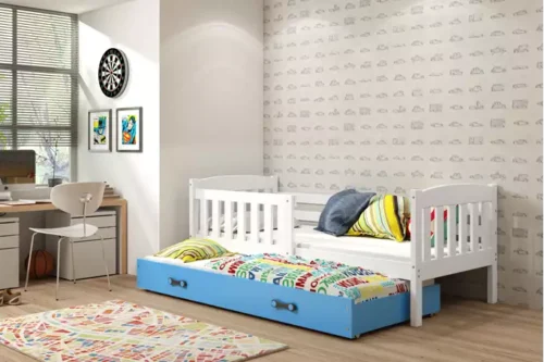KUBUŚ fold-out bed for children 80×160 with drawer, white/blue