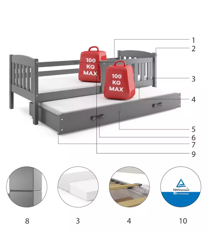 KUBUŚ children's pull-out bed 80x160 with drawer, graphite color - Image 4