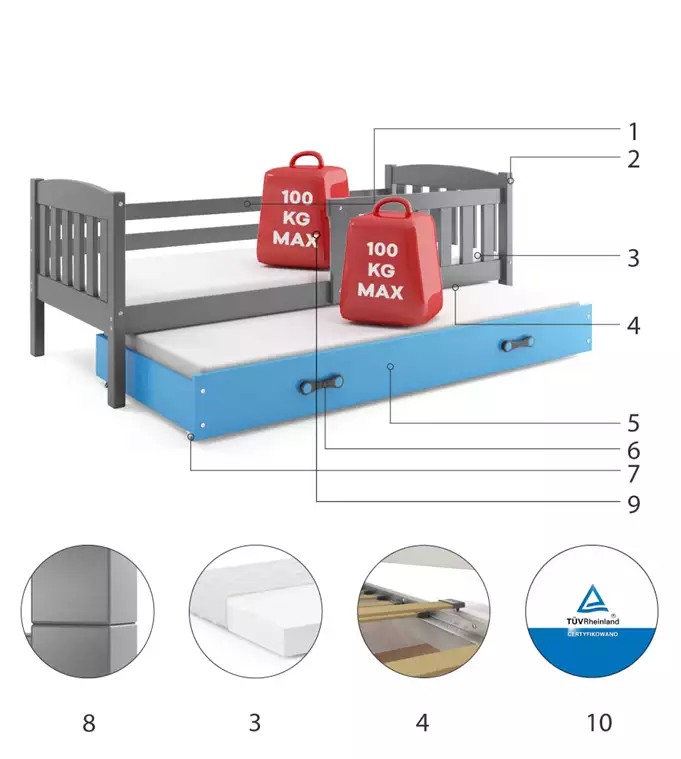 KUBUŚ children's pull-out bed 80x160 with drawer, graphite/blue - Image 4