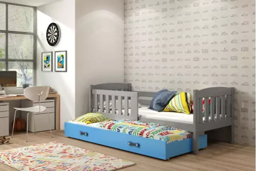 KUBUŚ children’s pull-out bed 80×160 with drawer, graphite/blue