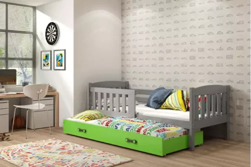 KUBUŚ children’s pull-out bed 80×160 with drawer, graphite/green