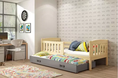 KUBUŚ children’s pull-out bed 80×160 with drawer, pine/graphite