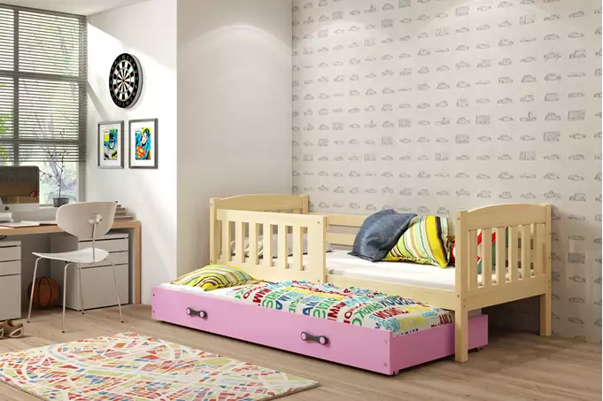 KUBUŚ pull-out bed for children 80x160 with drawer, pine/pink
