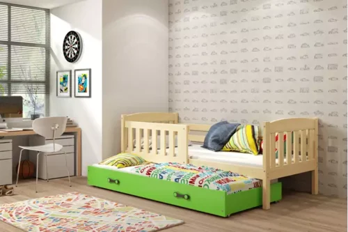 KUBUŚ children’s pull-out bed 80×160 with drawer, pine/green