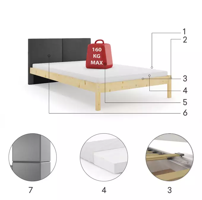 Galaxy 160X200 soft bedroom bed with mattress, natural wood/graphite - Image 4