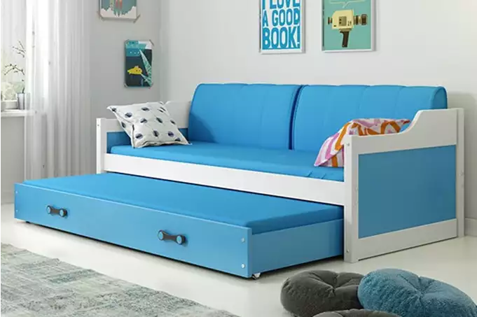 DAWID 90X200 youth folding bed with mattress and drawer, white/blue