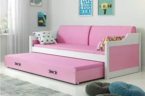 DAWID 90X200 youth folding bed with mattress and drawer, white/pink