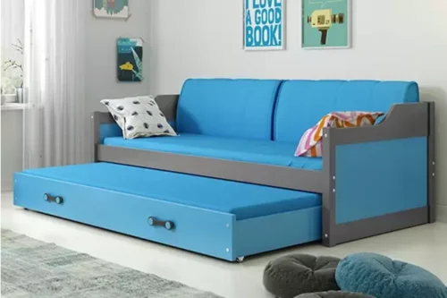DAWID 90X200 youth folding bed with mattress and drawer, graphite/blue