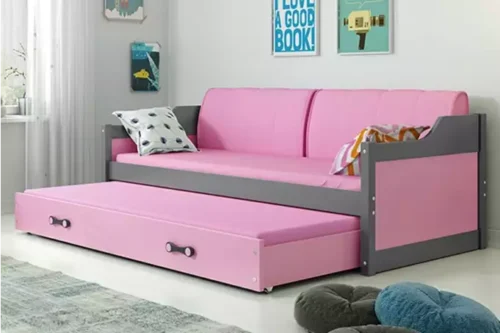 DAWID 90X200 youth folding bed with mattress and drawer, graphite/pink