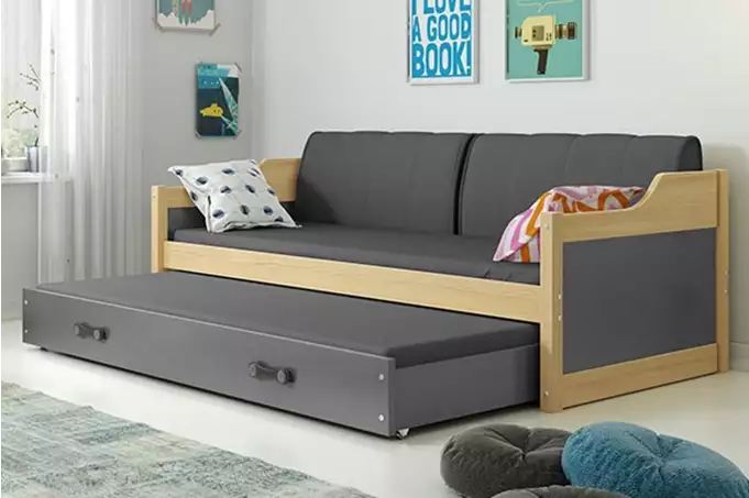 DAWID 90X200 youth folding bed with mattress and drawer, pine/graphite