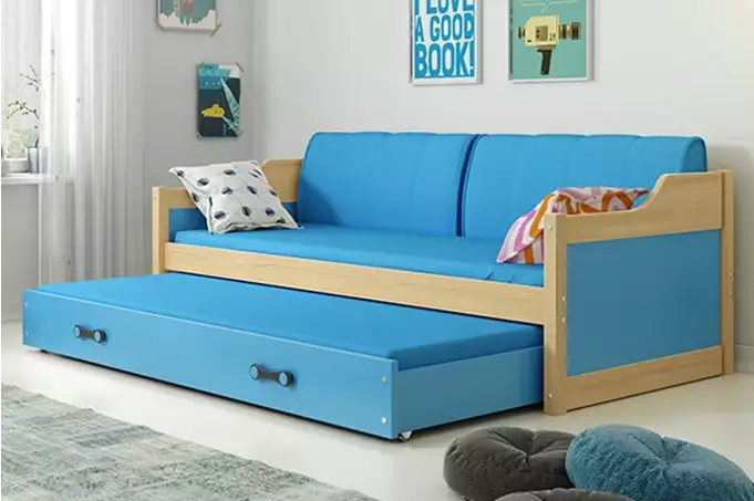 DAWID 90X200 youth folding bed with mattress and drawer, pine/blue