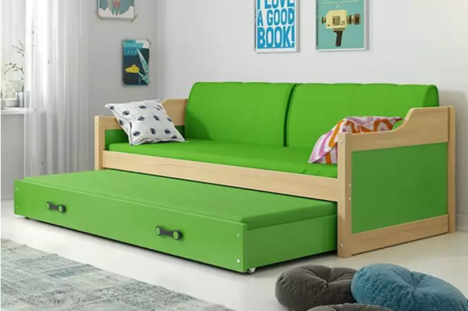 DAWID 90X200 youth folding bed with mattress and drawer, pine/green