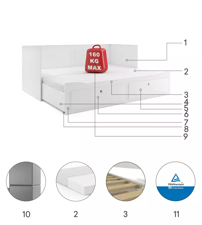 HERMES 80X200 youth double folding bed with mattress and drawer, white - Image 6
