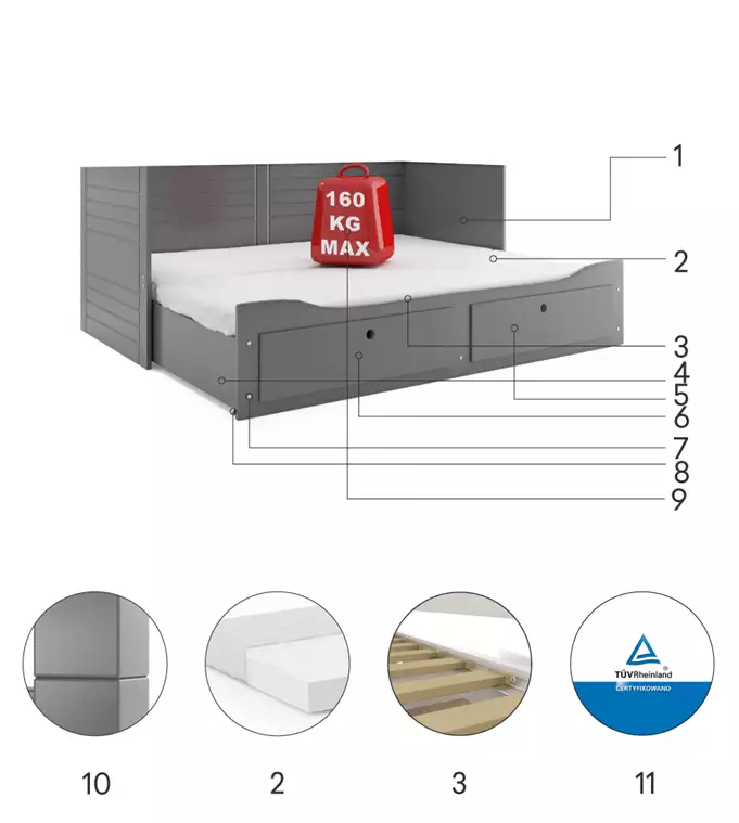 HERMES 80X200 youth double folding bed with drawer, graphite color - Image 6