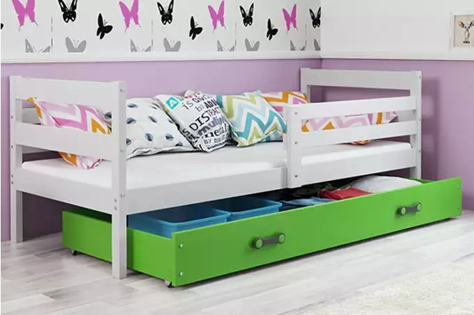 ERYK 90X200 youth single bed with mattress and drawer, white/green