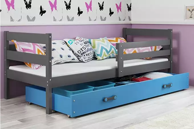 ERYK 80X190 single youth bed with mattress and drawer, graphite/blue