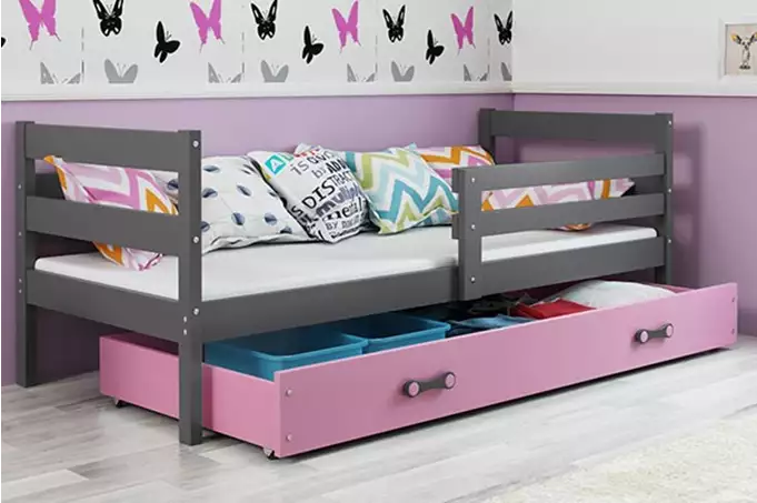ERYK 80X190 single youth bed with mattress and drawer, graphite/pink