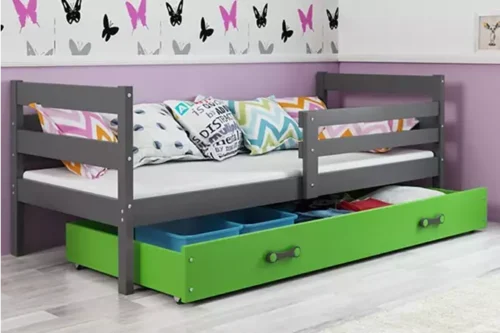 ERYK 80X190 single youth bed with mattress and drawer, graphite/green
