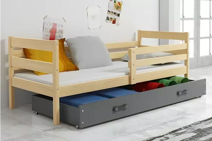 ERYK 90X200 single youth bed with mattress and drawer, pine/graphite