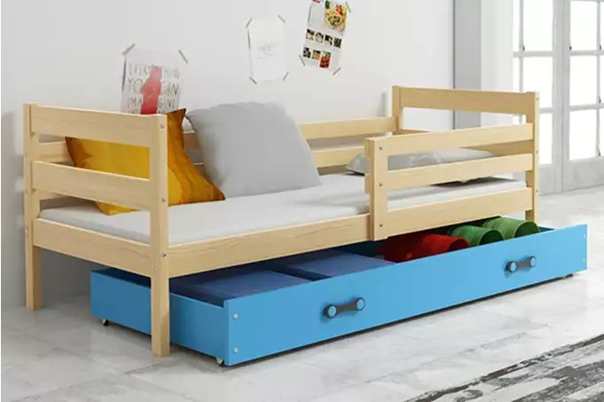 ERYK 90x200 single youth bed with mattress and drawer, pine/blue