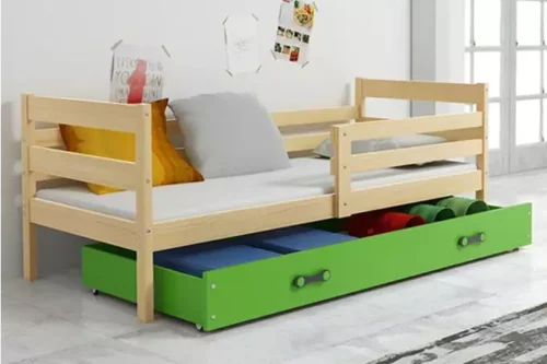 ERYK 90×200 single bed with drawer, pine/green