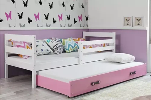 ERYK 90×200 youth folding bed with mattress and drawer, white/pink